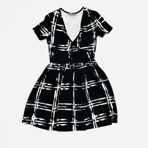 Finn & Clover Black & White Windowpane Plaid Cross Front Waffle Knit Dress